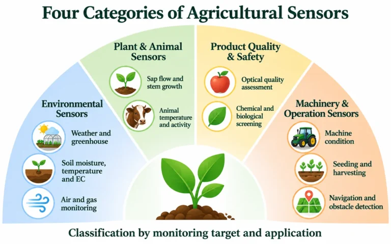 Agricultural sensor industry classification covering environmental, plant and animal, product quality and machinery sensors