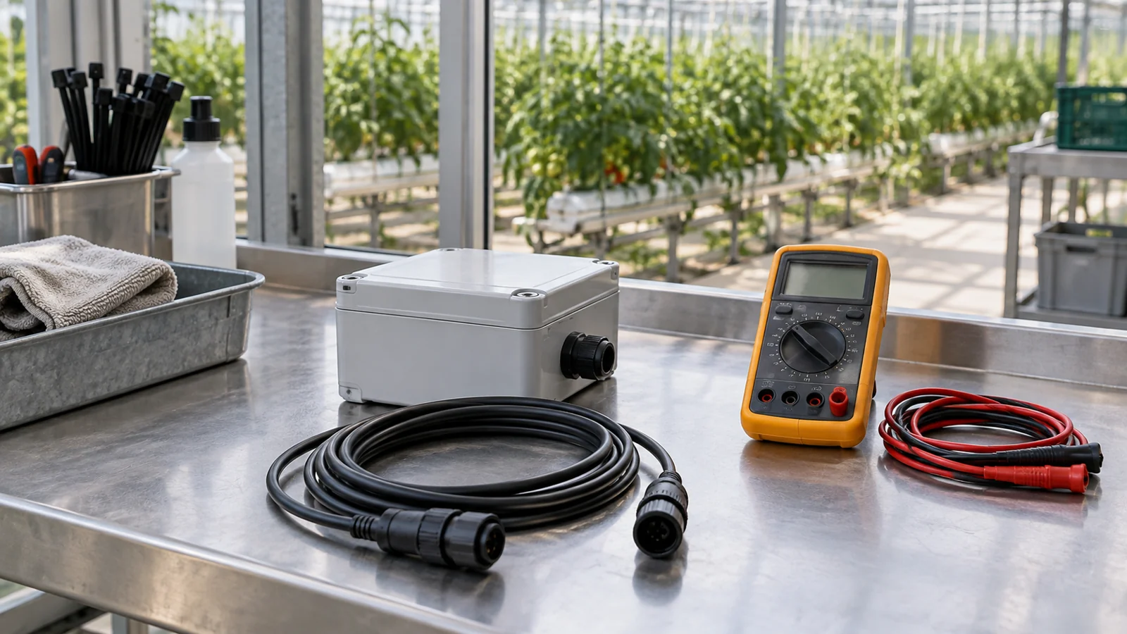 Agricultural sensor troubleshooting tools and disconnected cables on a greenhouse service bench