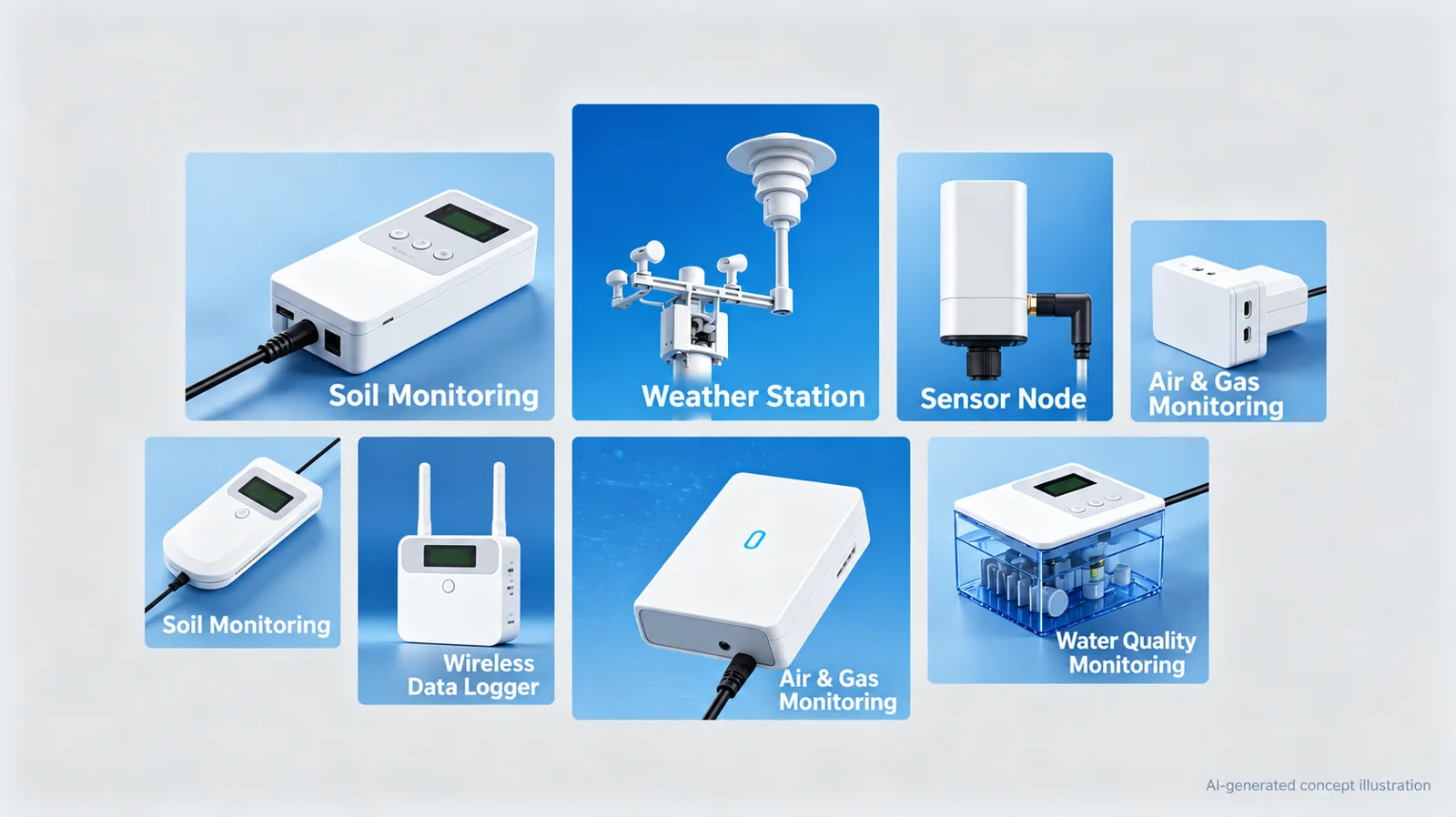 Agricultural sensors concept overview covering soil, weather, air and gas, water quality and data logging