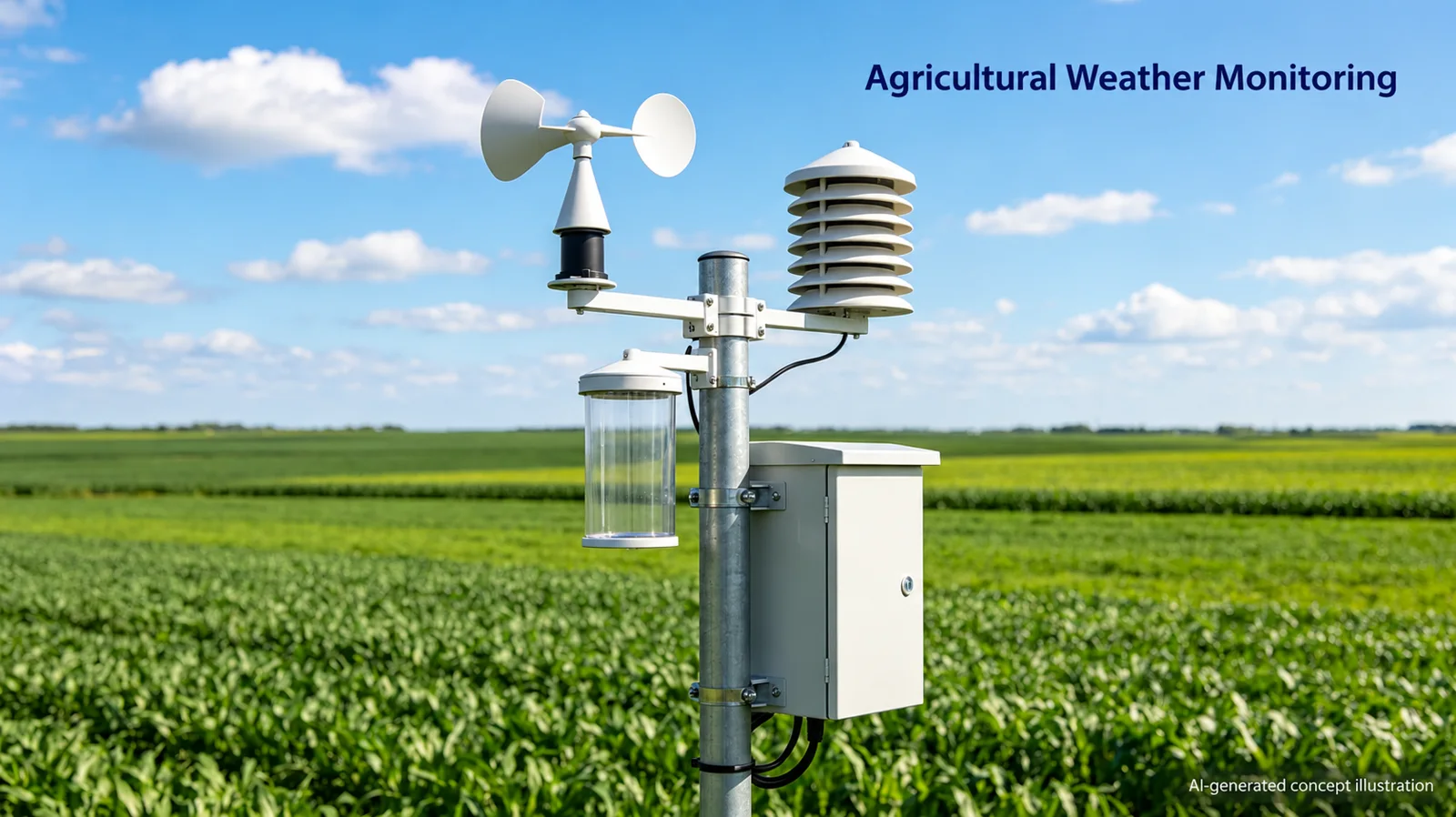 Agricultural weather monitoring concept showing a field station in farmland