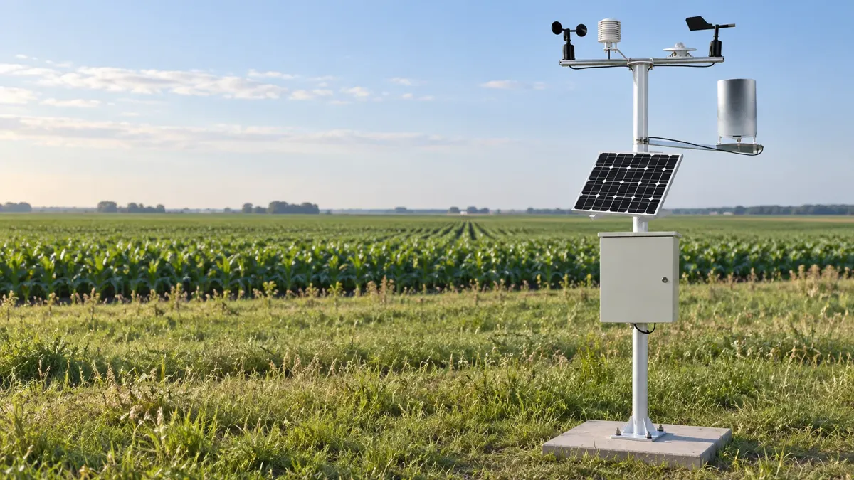 Agricultural weather station shown in an illustrative crop-field installation