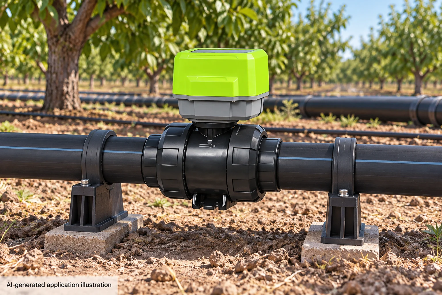 Solar-Powered Smart Irrigation Ball Valve — ST-A2 — AI-generated application illustration