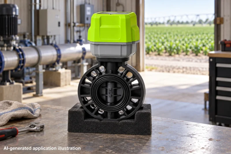 Solar-Powered Smart Irrigation Butterfly Valve — ST-A2 — AI-generated agricultural application illustration