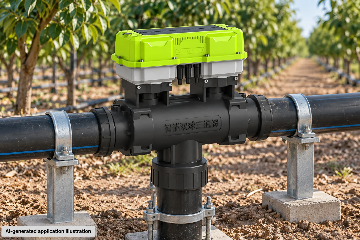 Dual-Outlet Smart Irrigation Valve — ST-A5 — AI-generated application illustration