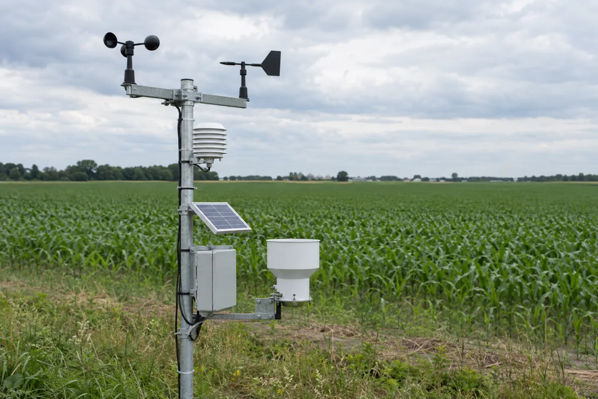Solar-powered weather monitoring station beside a crop field