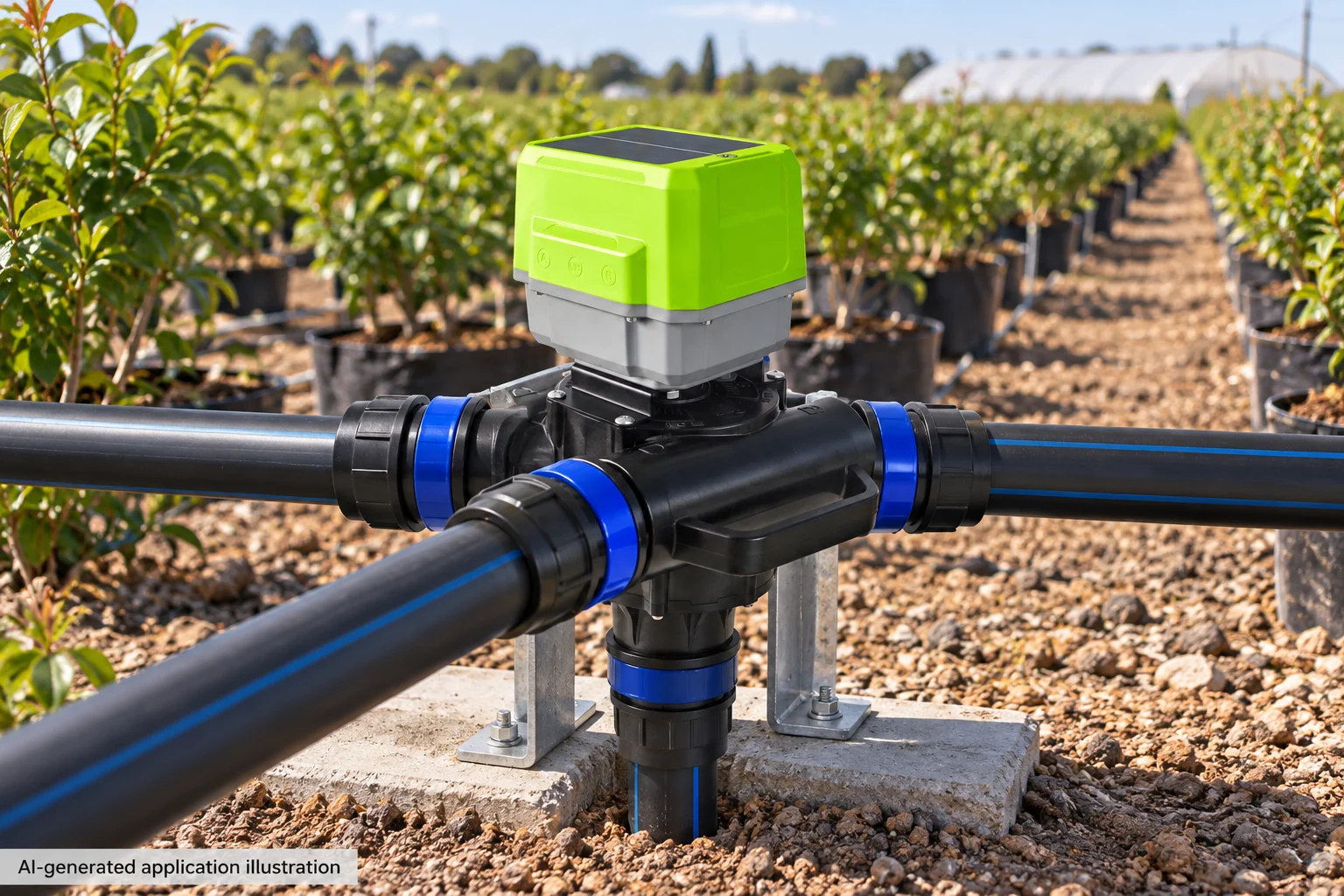 Smart Five-Port Irrigation Distribution Valve — ST-A2 — AI-generated application illustration