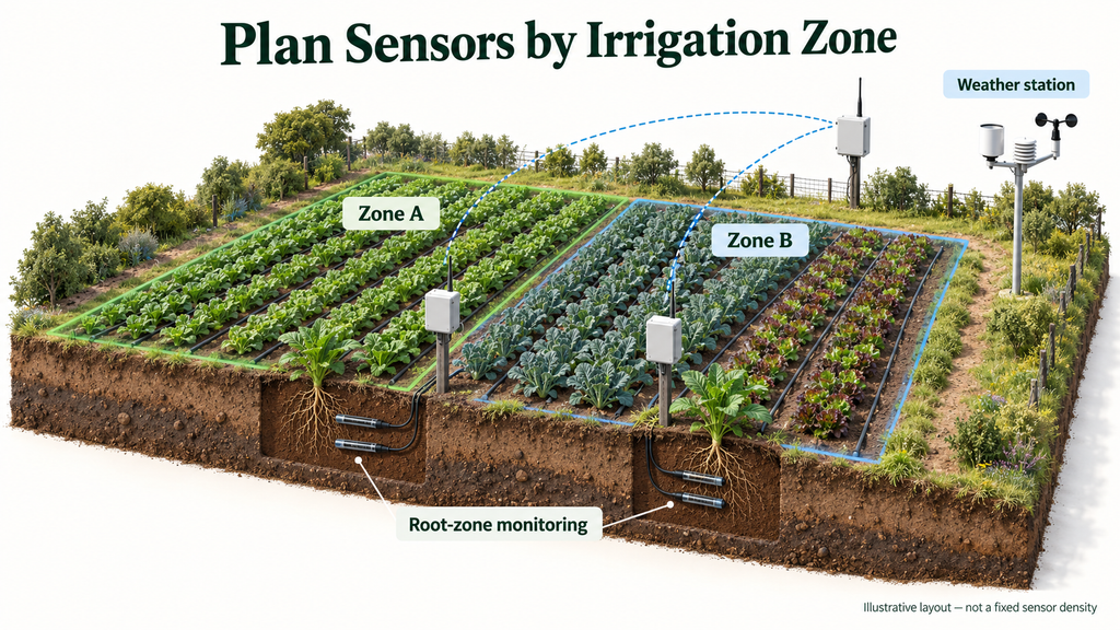Illustrative farm sensor layout showing root-zone monitoring in two irrigation zones and a weather station