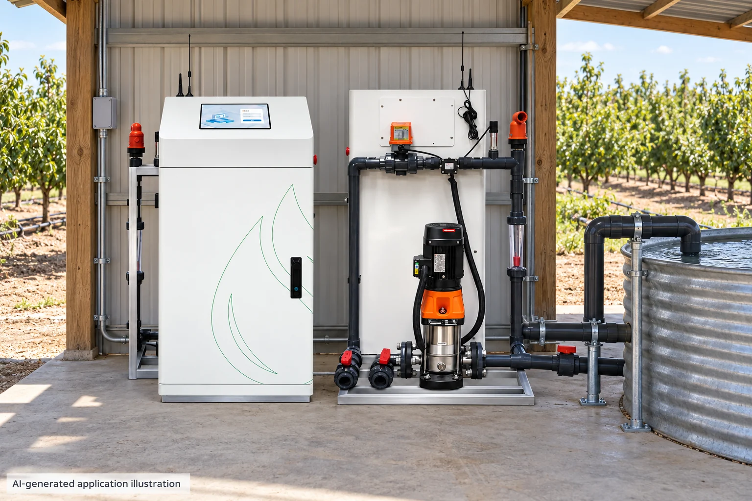 J Series Single-Channel Fertigation Unit — AI-generated application illustration