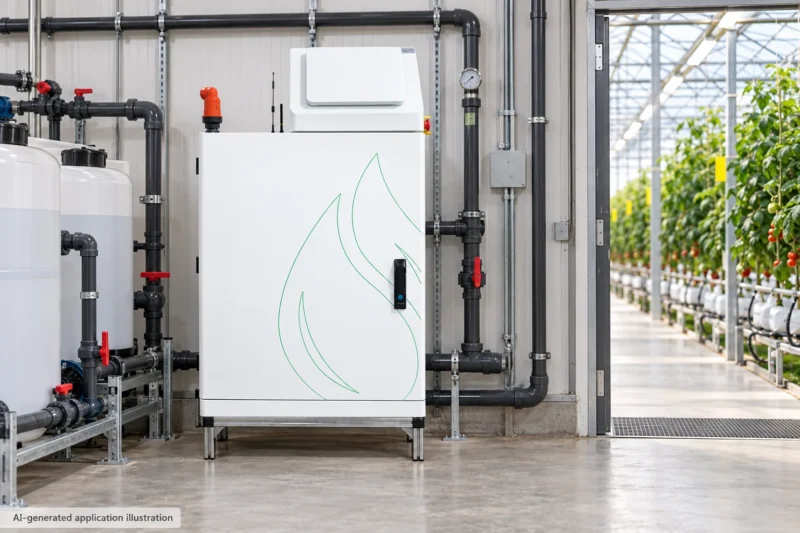 Plus Series EC/pH Fertigation System — AI-generated agricultural application illustration
