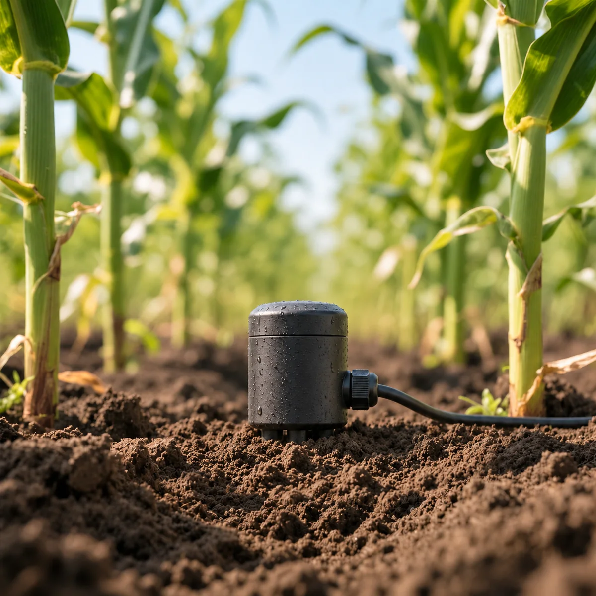 Sensor applications in smart farming with a soil monitoring probe in a maize field