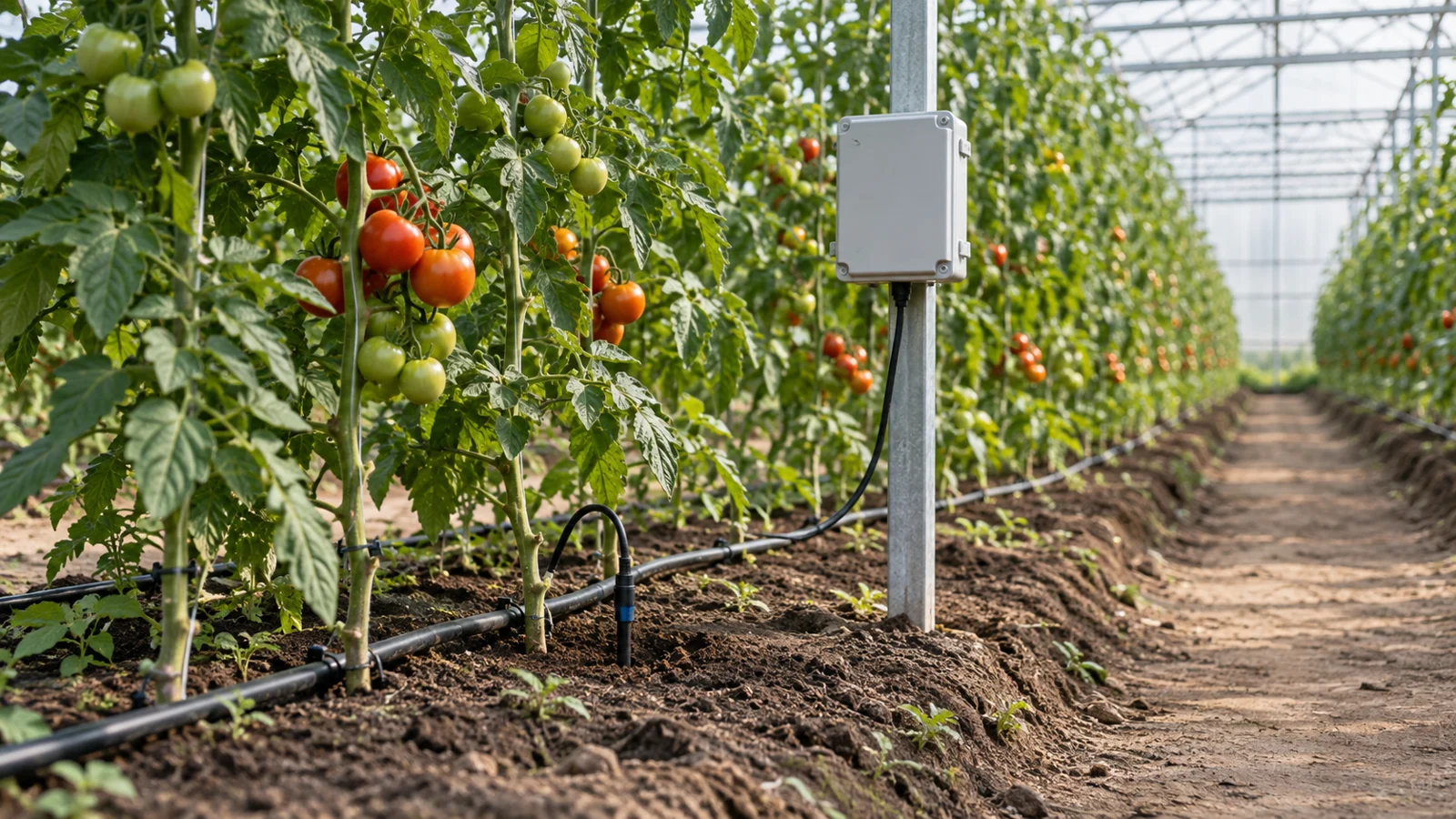 Smart agriculture IoT monitoring enclosure beside tomato plants and drip irrigation