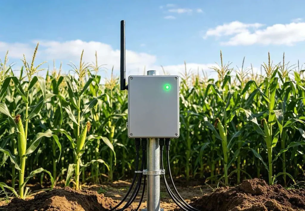 Smart agriculture sensor technology with a wireless monitoring node in a corn field