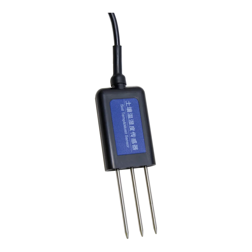 Soil moisture and temperature insertion probe with three metal rods