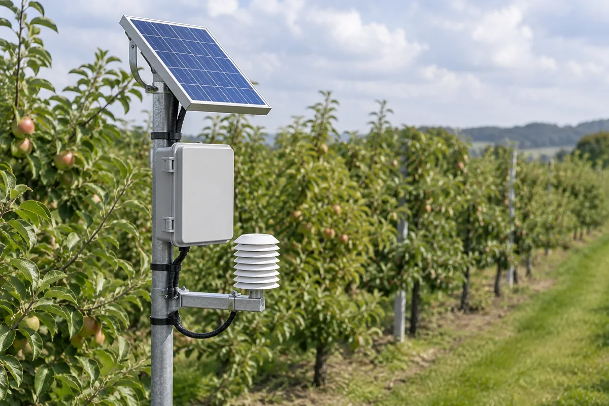 Solar panel powering an agricultural monitoring node in an orchard