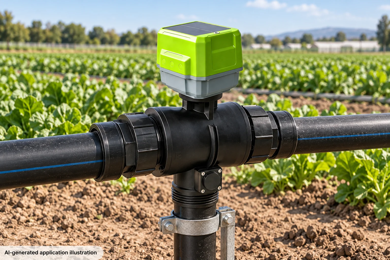 Smart Three-Way Irrigation Valve — ST-A2 — AI-generated application illustration