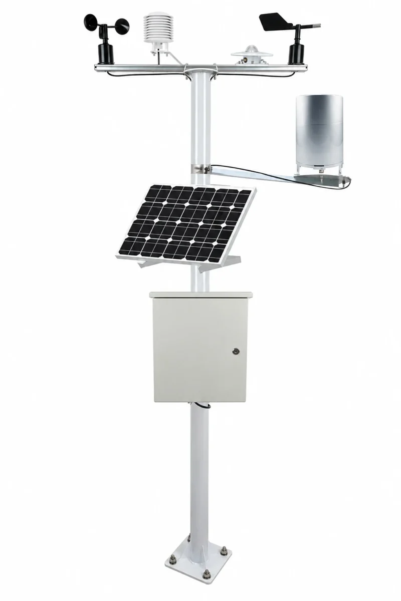 Modular agricultural weather station with wind sensors, radiation shield, rain gauge and optional solar panel